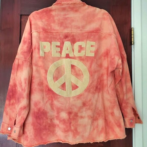 Oversized Small Pink & Cream Shacket with Cream Plush Peace Sign & Snap Front - Picture 2 of 5